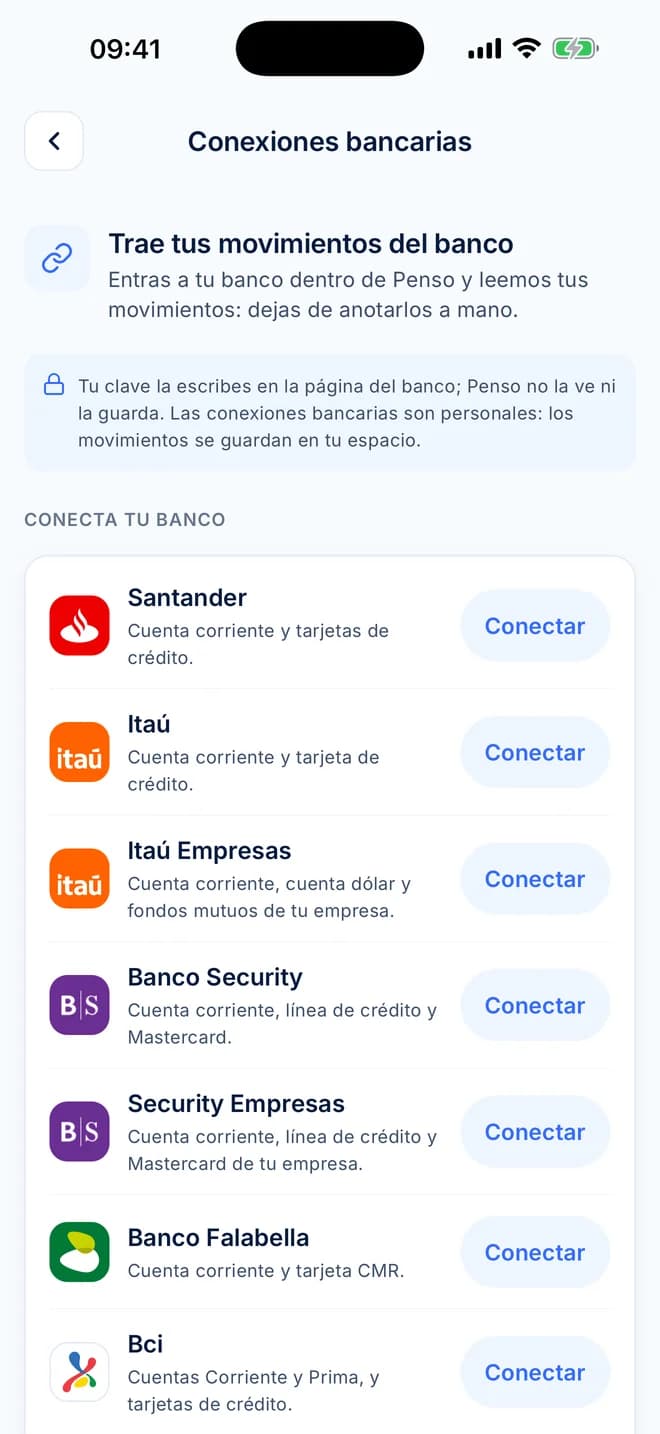 Pantalla Conexiones bancarias de la app con la lista de bancos y un botón Conectar en cada uno