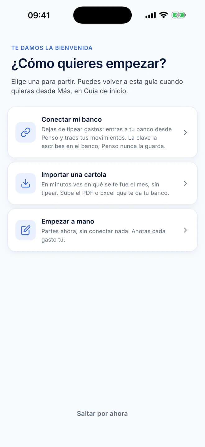 Pantalla de bienvenida de la app de Penso con tres opciones: Conectar mi banco, Importar una cartola y Empezar a mano