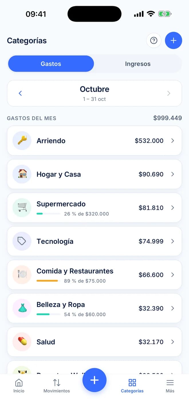 Pestaña Categorías de la app con los gastos del mes por categoría y barras de presupuesto, por ejemplo 89 por ciento de 75.000 pesos en Comida y Restaurantes
