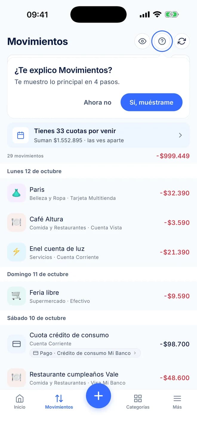 Pantalla Movimientos de la app con la guía ¿Te explico Movimientos? y el aviso de 33 cuotas por venir