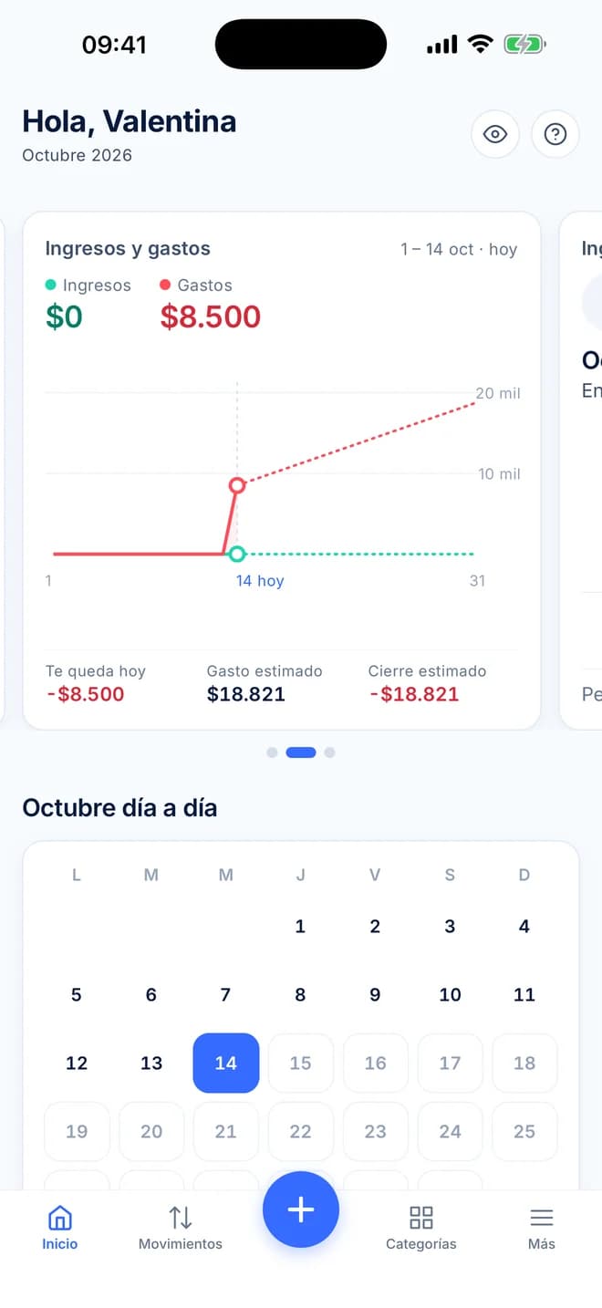 Inicio de la app con el gráfico Ingresos y gastos mostrando el primer gasto de 8.500 pesos y el cierre estimado del mes