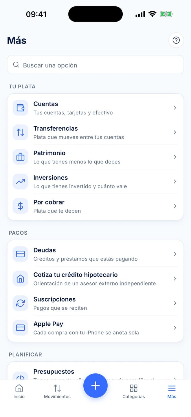 Menú Más de la app de Penso con Cuentas, Transferencias, Patrimonio, Inversiones, Deudas y Suscripciones