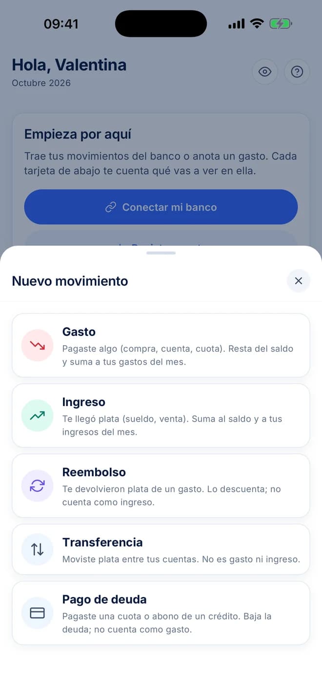 Hoja Nuevo movimiento con las opciones Gasto, Ingreso, Reembolso, Transferencia y Pago de deuda