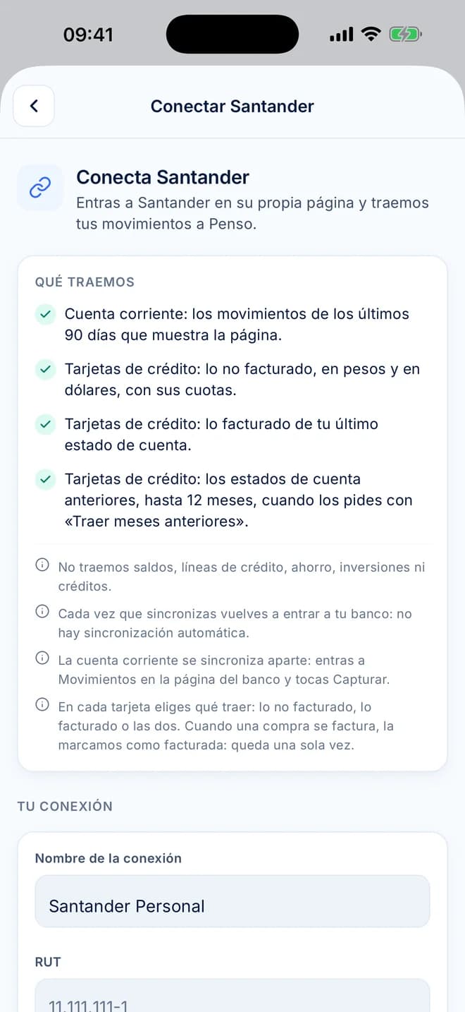 Pantalla Conectar Santander con la lista Qué traemos: cuenta corriente, lo no facturado y lo facturado de las tarjetas, y los estados de cuenta anteriores
