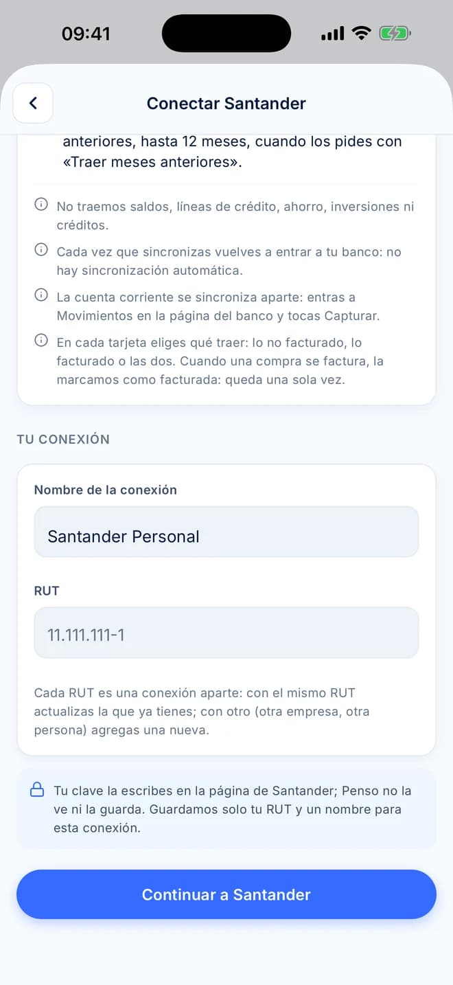 Formulario Tu conexión con nombre de la conexión, RUT y el botón Continuar a Santander