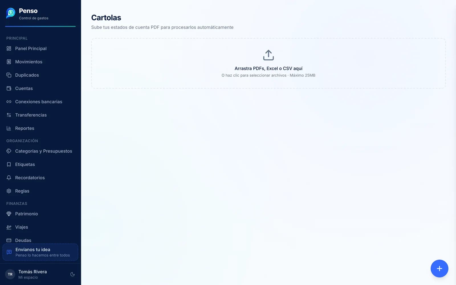 Página Cartolas de Penso con la zona para arrastrar el archivo de la cartola