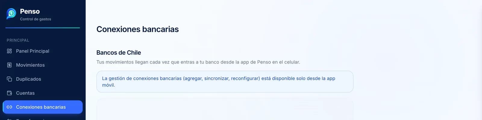 Página Conexiones bancarias en la web de Penso con el aviso de que la gestión de conexiones está disponible sólo desde la app móvil