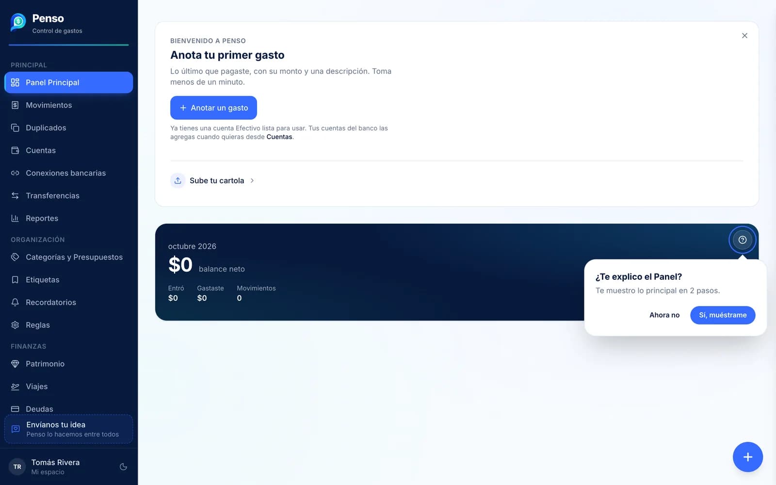 Panel Principal de Penso en la web para una cuenta nueva, con la tarjeta Anota tu primer gasto y la guía ¿Te explico el Panel?
