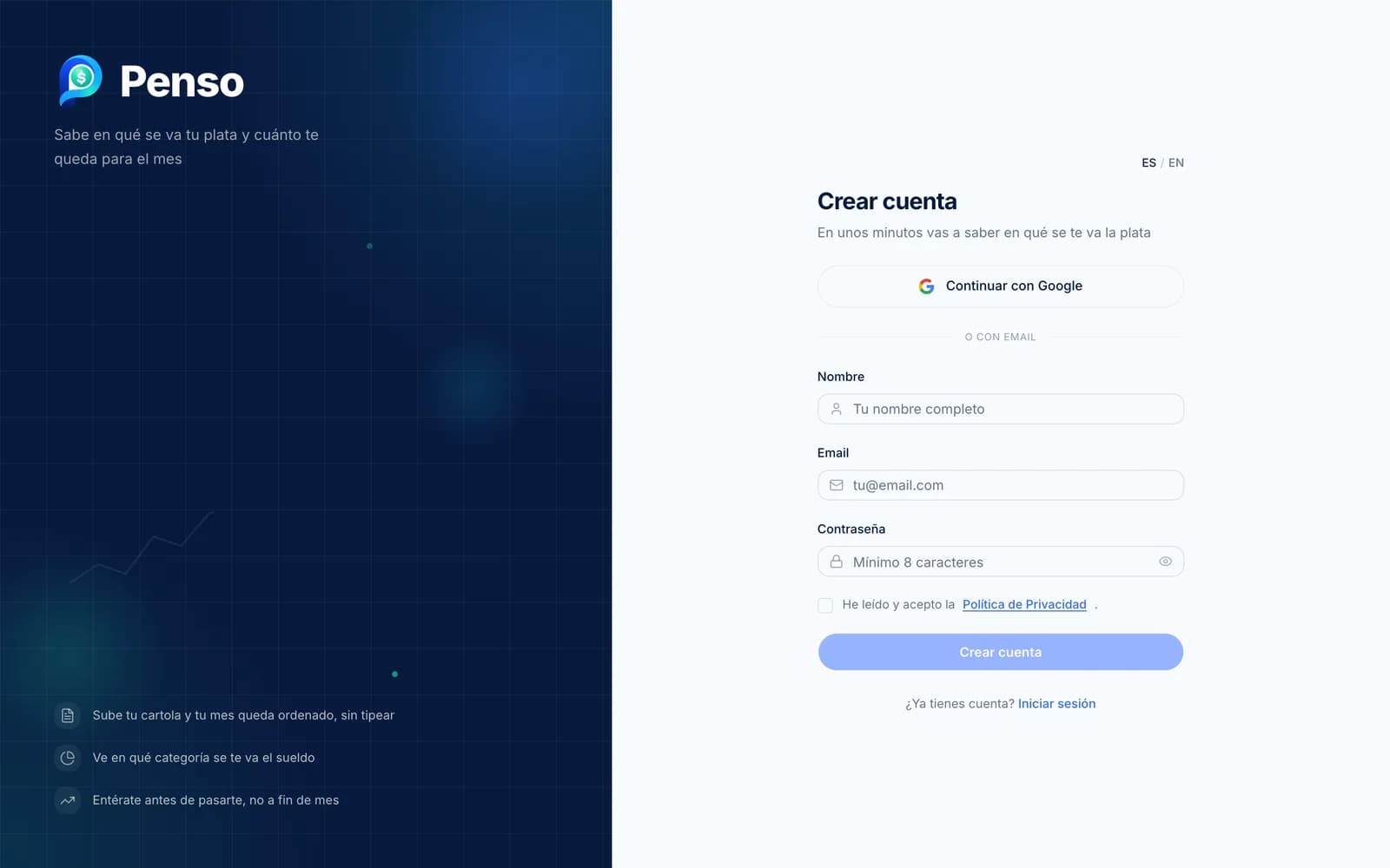 Pantalla Crear cuenta de Penso en la web, con el botón Continuar con Google y los campos nombre, email y contraseña