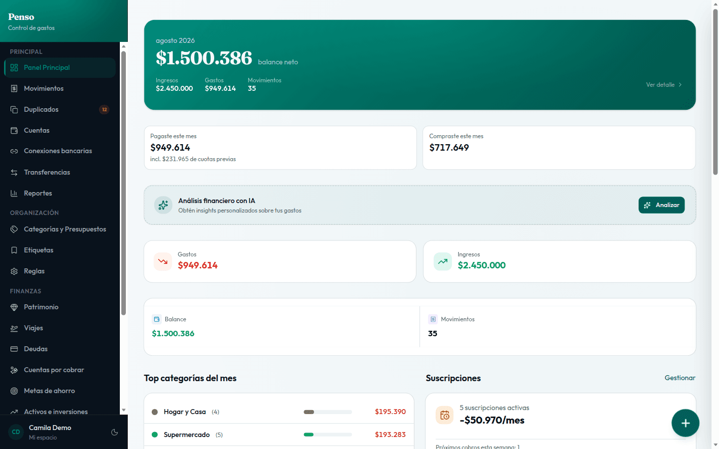 Panel principal de Penso con el balance del mes, gastos, ingresos y suscripciones detectadas.
